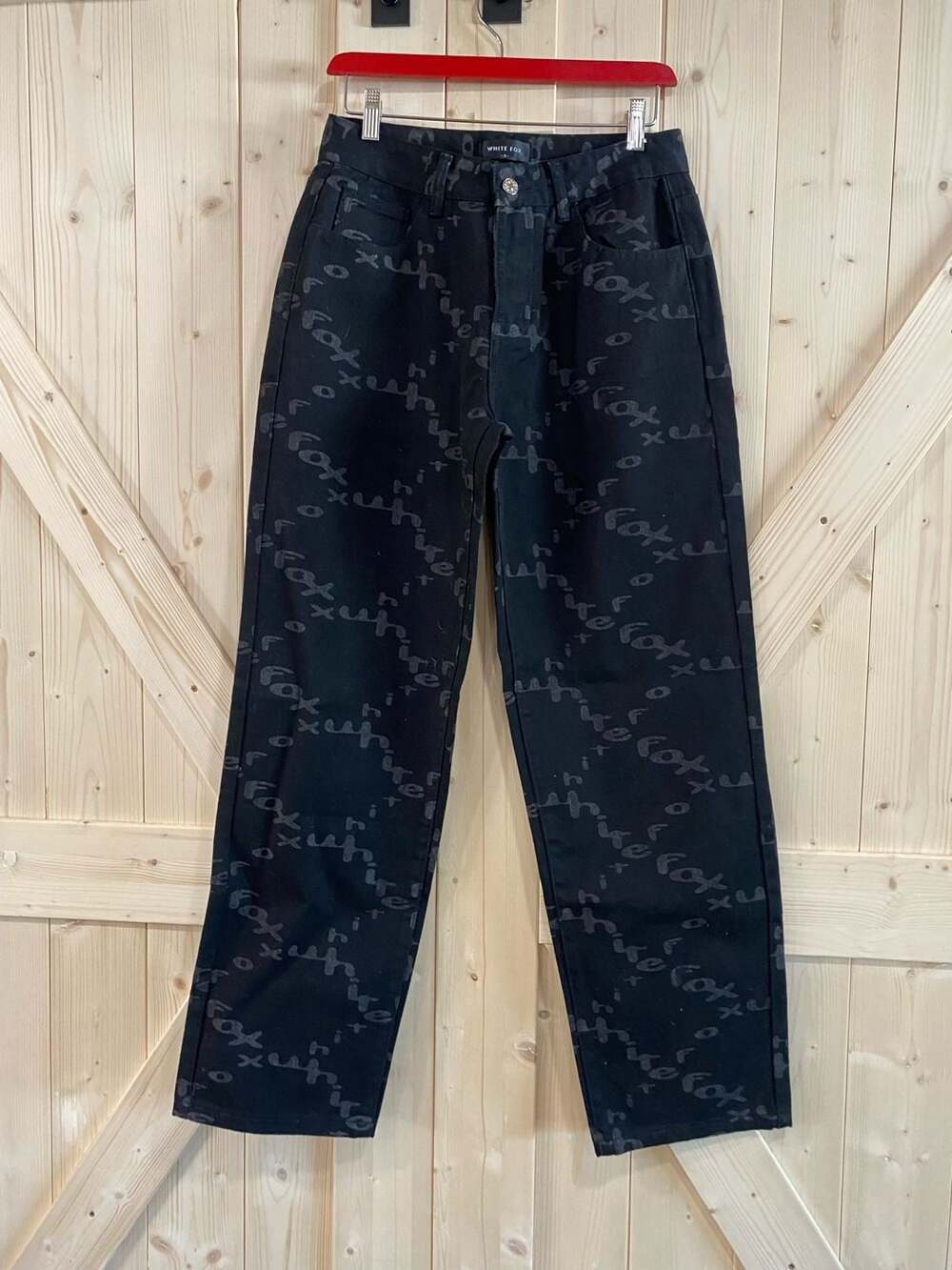 White Fox Signature Print Wide Leg Jeans Size S Black 28 x 31